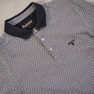Barbour Sz M Navy and White Geometric Polo Shirt 100% Cotton